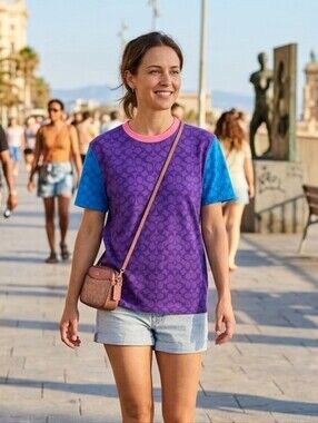 Coach Purple Signature Colorblock Tee with Blue Sleeves and Pink Neck